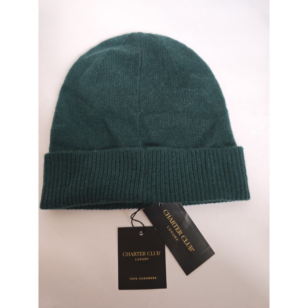Charter Club Luxury 100% Cashmere Cuffed Beanie in Deep Pine Green Hat NWT